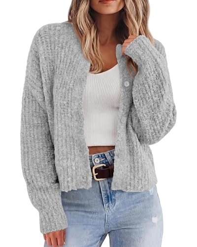 BTFBM Cardigan Sweaters for Women Chunky Knit,Grey,M