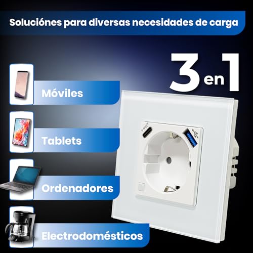 LED ATOMANT Pack 4x Enchufe de Pared Inteligente Cristal Wifi 16A con USB y USB C, Carga Rapida, Medidor de Consumo, Base Schuko para Empotrar, APP Smart Life, Compatible con Alexa y Google Home - imagen 3