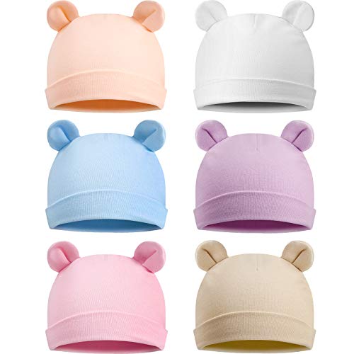 6 Pieces Cotton Newborn Baby Hat Cute Bear Ears Beanie Multi-Color Infant Baby Hats for 0-6 Months Boys and Girls