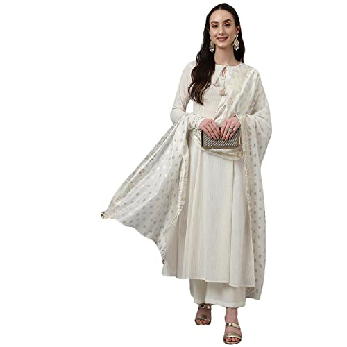 Image of FIORRA Women's Off White Pure Cotton Flared Kurta with Palazzo and Dupatta