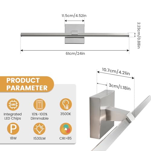 Image of Brushed Nickel Bathroom Vanity Light Fixture - 24 Inch Modern Bathroom Light Fixtures Over Mirror 3500k LED Vanity Light Bar Dimmable Wall Sconce Lighting for Mural, 18W