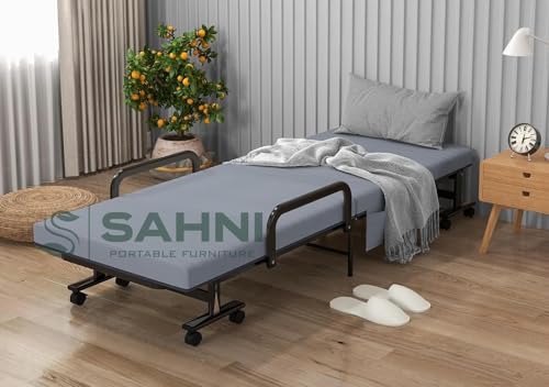 Image of SAHNI PORTABLE FURNITURE Rollaway Folding Single Bed with 4-inch Mattress Attached, Metal Frame, Lockable Wheels, 75x36 inch, Black