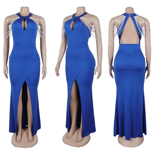 Image of Jigfar Women Sexy Elegant Rhinestone Mesh See Through Party Club Night Split Bodycon Formal Maxi Dress