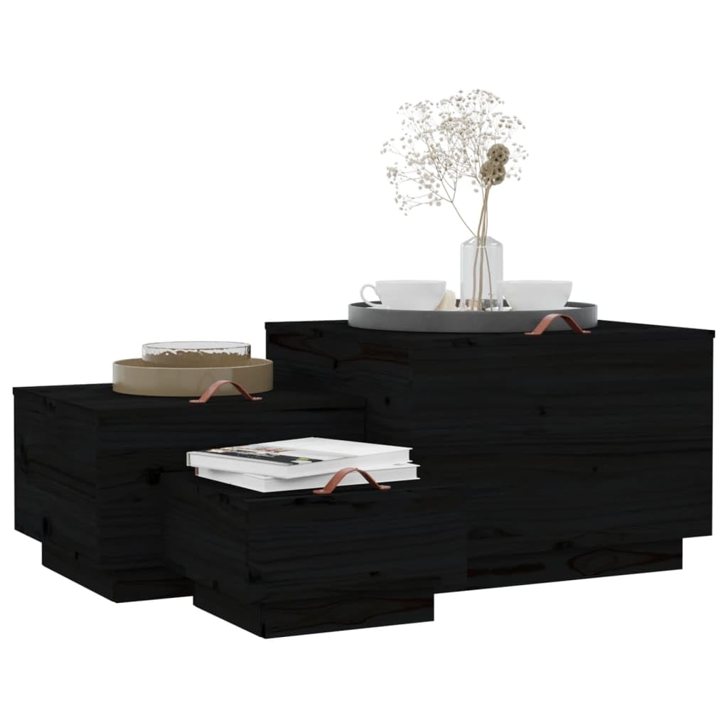 Juego de 3 cajas de almacenamiento de madera maciza de pino, color negro, con tapas y asa, para organización de almacenamiento doméstico, diferentes tamaños