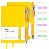 SULDAEFC 2 Pack Pocket Notebook/Notepad with 2 Black Pens, 3.7”x5.5”, Small Hardcover Blank Journals with Pen Holder and Inner Pockets - Yellow
