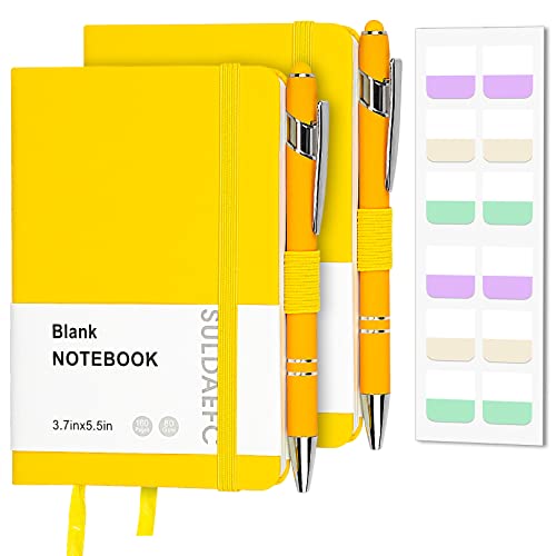 SULDAEFC 2 Pack Pocket Notebook/Notepad with 2 Black Pens, 3.7”x5.5”, Small Hardcover Blank Journals with Pen Holder and Inner Pockets - Yellow