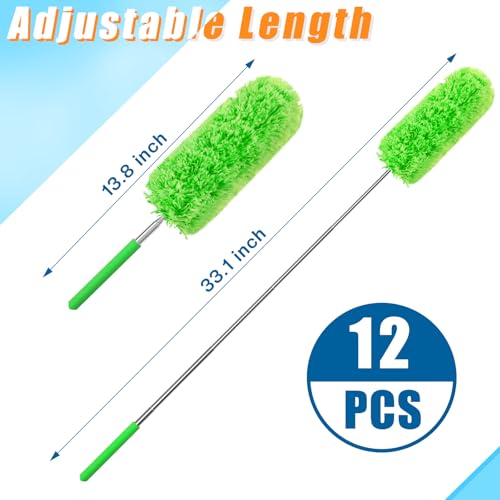 Image of Tanlade 12 Pcs Microfiber Feather Duster for Cleaning 13-31 Inch Extendable Cobweb Dusters Ceiling Fan Duster Washable Bendable Tool for Office Car Window Furniture (Green)