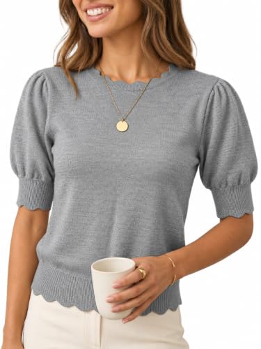 MONORA Short Sleeve Sweater for Women Pullover Knit Tops Scalloped Crewneck Puff Sleeve 2026 Trendy Spring Summer Fashion Lightweight Business Casual Outfits Grey