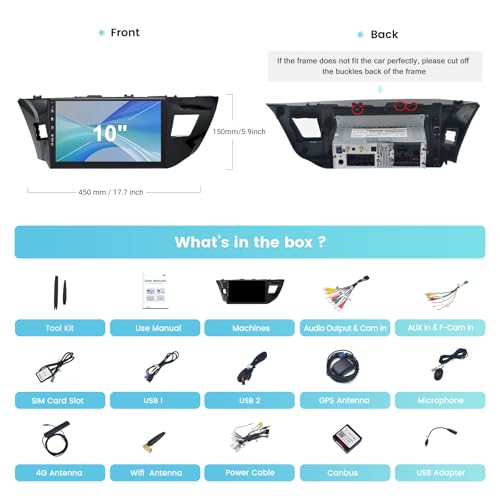 Roadanvi 10.2\" Android 12 Car Stereo for Toyota Corolla 2014 2015 2016 Carplay Android Auto Car Radio WiFi+4G LTE 1280x720 QLED Touch Screen Head Unit Bluetooth 4GB+64GB GPS Navigation