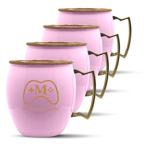 Custom Copper Moscow Mule with Smooth Painted Finish - Engraved Bar Style 100% Copper Cup with Personalized Controller Monogram Gamer Themed Engraving, Brass Handle | 18 oz, Pink | Set of 4