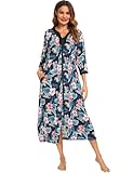 Print Nightgown Sleepwear V Neck House Dress Maxi Lounger Comfy Mumu Dresses Long Sleeve Cotton Zipper Bathrobe Duster Housecoat Grandma House Wear Sleepshirt