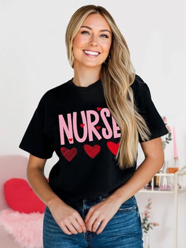 YZMI Nurse Shirts for Women Funny Nurse Life Nurse Week Tshirt Nurse Day Heart Graphic Tee Tops A-Black XL