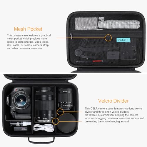 RAIALL Camera Case for Canon EOS Rebel T7/R50/R50V/R100/R6 Mark II/R5/ R8/R10/RP/R7/Sony/Nikon D7500 DSLR Camera, Lens, Tripod, Hard Protective Travel Bag with a Shoulder Strap and 5 Dividers, Black by RAIALL - Image 5