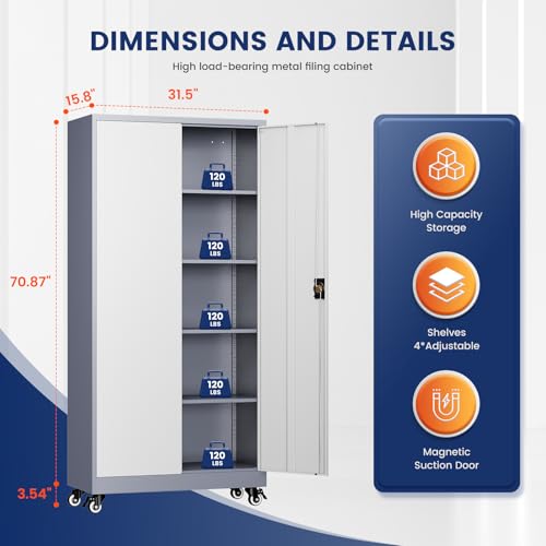 Image of Yizosh Metal Garage Storage Cabinet with Locking Doors and Adjustable Shelves,- 75 inch Rolling Steel Tool Cabinet for Home Office,Garage,Warehouse