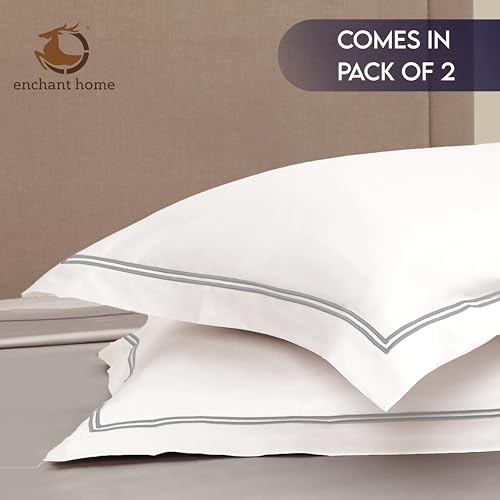 Image of Pure Cotton 500 TC Pillow Cover Set | Greek Embroidered Pillow Cover Set | Percale Weave | 18 X 27 Inches (2, White - Silver)