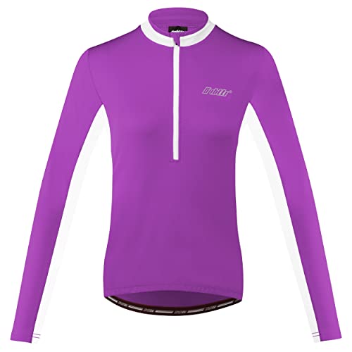 bpbtti Camisa feminina de manga comprida de meio zíper para ciclismo com 3 bolsos reais, Roxo/branco