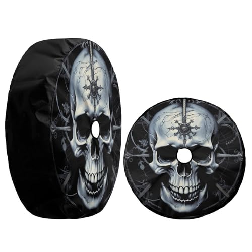 Image of Delerain Spare Tire Cover with Backup Camera Hole Skull and Compass Wheel Covers Waterproof Dust-Proof UV Sun Universal Fit for RV Trailer RV SUV Truck (18 Inch for Diameter 32 inch-34 inch)