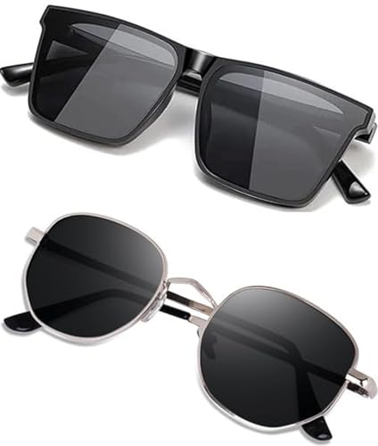 Image of IFLASH Unisex UV Protected Combo Offer Shades Black Goggles Rectangle Retro Vintage Narrow Sunglasses Pack Of 2, Free Size