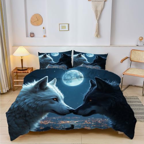 Juego de cama King de lobos azules con funda de edredón de microfibra de 86x90 4