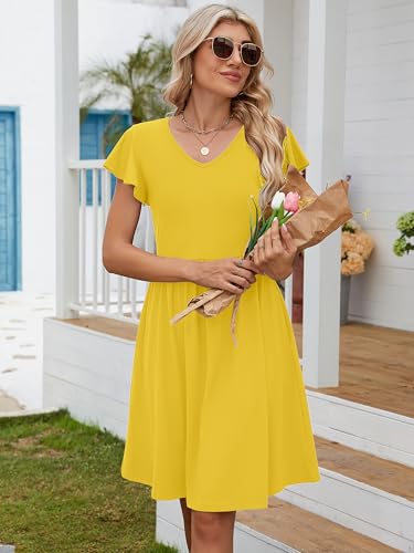 Image of Heymoments Women Summer Dress Yellow Large Ruffle Sleeve V Neck Casual Cute Loose Sundress Comfy Swing Midi Work Flowy Tunic Ladies Beach Vacation Teacher Dresses with Pockets