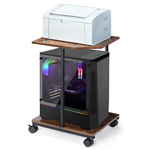 Computer Tower Stand, Cpu Stand 2-Tier Pc Stand Rustic Wood Desktop Printer Stand Table Top With Lockable Rolling Caster Wheels Under Desk For Office Home Fits Most Pc, Rustic Brown #TOP18