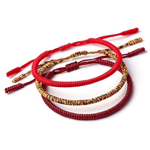 LUCKY BUDDHIST Bracelets Tibétain Porte Bonheur + Cadeau Bouddhiste! Taille Ajustable Tressé à la Main en Corde. Fil pour Poignet Homme et Femme. Ficelle Chance d'Amitié - Rouge, foncé, Multi Or Cover