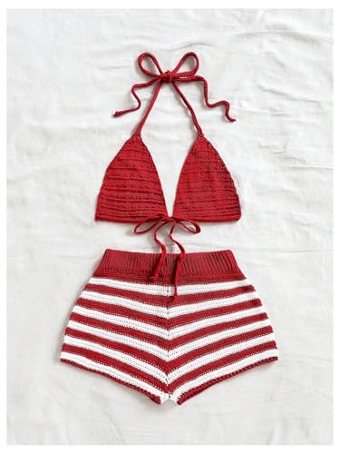 MakeMeChic Women's Crochet Two Piece Cover Up Outfit Halter Tie Backless Bikini Top and Striped Shorts Set2