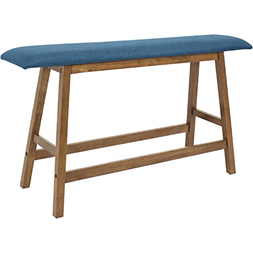Sunnydaze Wooden Counter-Height Dining Bench - Backless Bench For The Dining Table, Counter, Or Bar - Solid Rubberwood Bench Seat - Weathered Oak Finish With Blue Cushion #TOP2