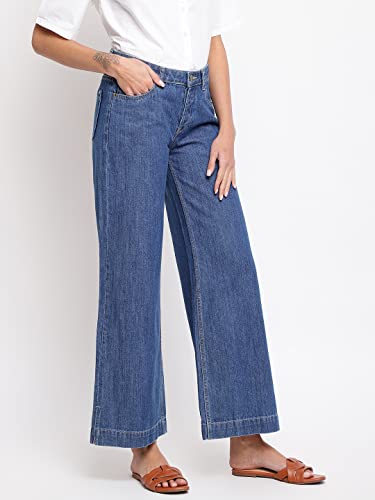 Image of Tales & Stories Women's Solid Dark Blue Cotton Ankle Length Flared Jeans-Y115110