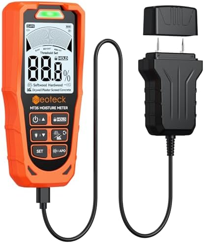 Neoteck 2 in 1 Moisture Meter 19mm Inductive Depth Wood Moisture Meter with ±2% Accuracy Rechargeable Pinless Moisture Readerfor Soft/Hard Wood Drywall Plaster Screed Concrete