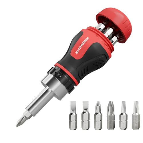 Image of SHARDEN 8 in 1 Stubby Ratcheting Screwdriver Multi Short Screw Driver Set with 6 CRV Bits Phillips, Slotted, Torx, Portable All-in-One Repair Tool Kit for Home DIY Tables, Doors, Chairs