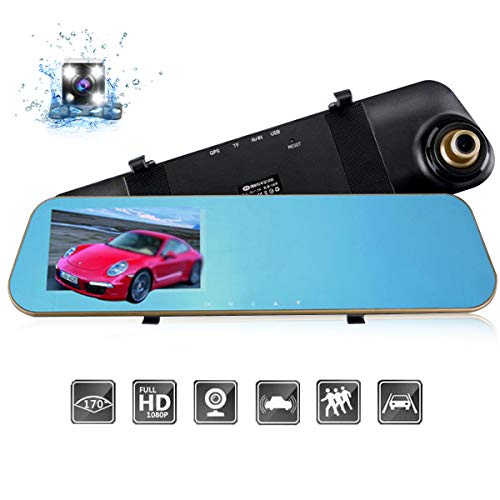 DEALPEAK Dual Lens HD 1080P Car Video Camera Recorder Rearview Mirror Dash Cam 170 Degree Wide Angle G-Sensor Night Vision Front and Back Camera with 4.3″ Screen
