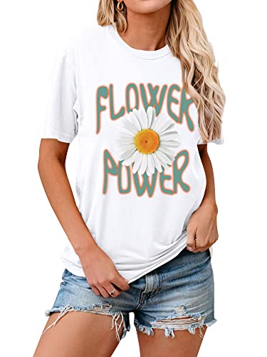 Dresswel Damen Flower Power Weißes Gänseblümchen T-Shirt Margeriten Blumen Druck Schöner Inspirierend Spruch Tee Shirts Kurzarm Rundhals Sommer Oberteil Tops Cover