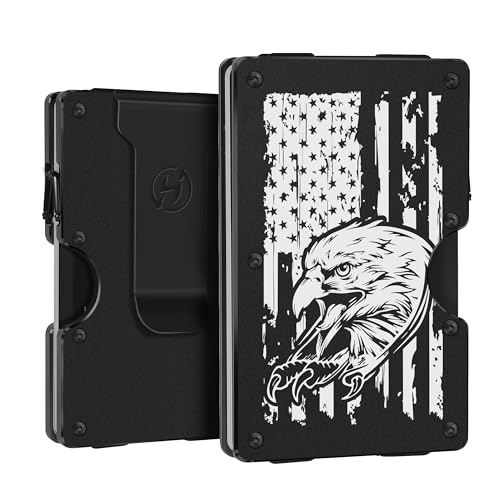 Image of Minimalist Aluminum Metal Wallets for Men with Money Clip - Engraved Eagle and American Flag - Slim Front Pocket RFID Blocking Credit Card Holder for Travel Business