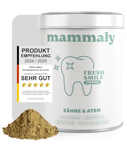 mammaly Dental Pulver für Hunde- Fresh Smile Futtertopping 150g- Reguliert Zahnstein als Zahnsteinentferner- Zahnpulver für Zahnpflege und Mundgeruch- Bis 2 Monate Reichweite inkl. Messlöffel