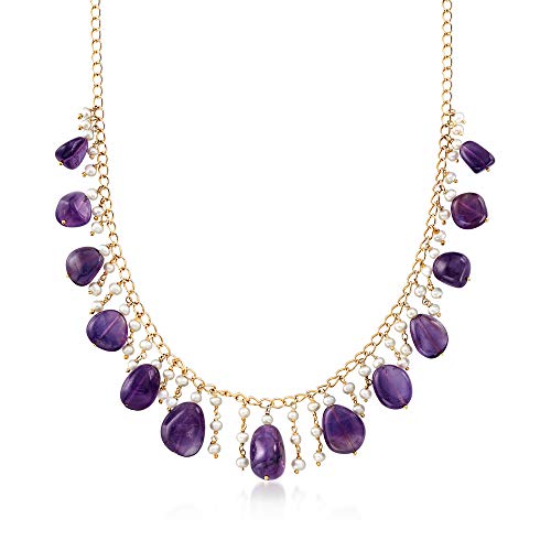 Ross-Simons Cultured Pearl and 100.00 ct. t.w. Amethyst Drop Necklace in 18kt Gold Over Sterling. 18 inches