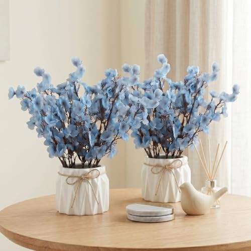 Image of Dekorly Artificial Lavender Plant in White Pot, 18cm - Realistic Faux Flower Arrangement for Home & Office Decor (Set of 1) (2, Blue Baby's Breath Flower)