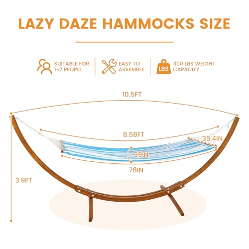 Lazy Daze Hammocks Cotton Fabric Spreader Bar Hammock and 10.5 Ft Wood Arc Hammock Stand Combo, for Indoor, Outdoor, Patio, Backyard, Blue and White - Thumbnail 6