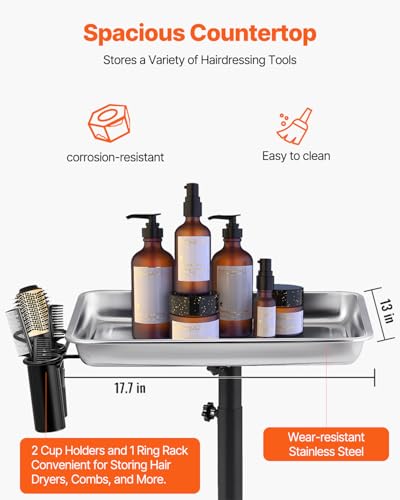 Image of VEVOR Stainless Steel Salon Tray, Adjustable Height Mayo Stand Medical Tray, Tattoo Tray Lab Cart with 2 Cups and Metal Ring for SPA, Clinic, Personal Care, Lab, Hospital, Dentistry