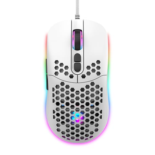 ROCK POW Honeycomb Gaming Mouse Ultralight High-Precision 12800 DPI Optical Sensor 6 Programmable Buttons Ergonomic Wired RGB Gaming Mice for Mac, Laptop, Computer, PC White