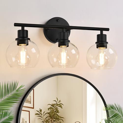 Indoi 3-Light Bathroom Light Fixtures, Black Bathroom Lights Over Mirror with Clear Glass Globe Shade, Vanity Lights for Bathroom Kitchen Living Room Hallway Cabinet Bedroom Porch. by Indoi - Used condition - US$44.15