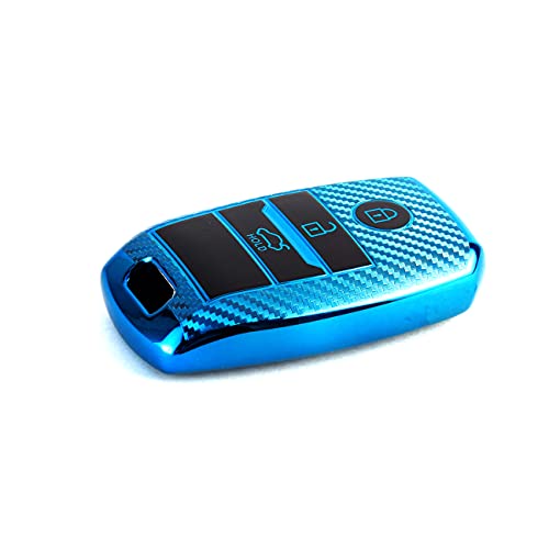 Image of JVCV Soft TPU Carbon Fiber Style Car Key Cover Compatible with Kia Seltos Sonet Carens 3 Button Push Start Car Key (Blue)