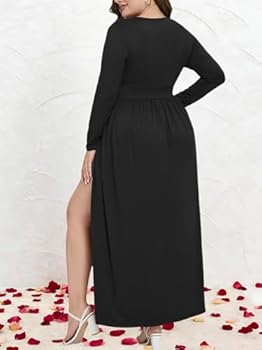 SILUI Women's High Slit Black Dress for Women Plus Size Long Sleeve Deep V  Neck Split Thigh Long Maxi Dresses, Black, Medium : Amazon.sg: Fashion