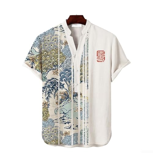 Chemise décontractée à manches courtes et col en V pour homme avec imprimé d'art japonais (XL A)