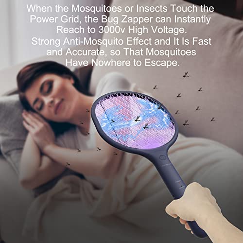 Vanelc Bug Zapper Racket, Upgrade 2023 Rechargeable Electric Fly Swatter Racket, Portable 2-In-1 Mosquito Killer Trap With 3 Layer Safety Mesh For Home, Bedroom, Patio Use-3000V Grid, Blue #TOP2