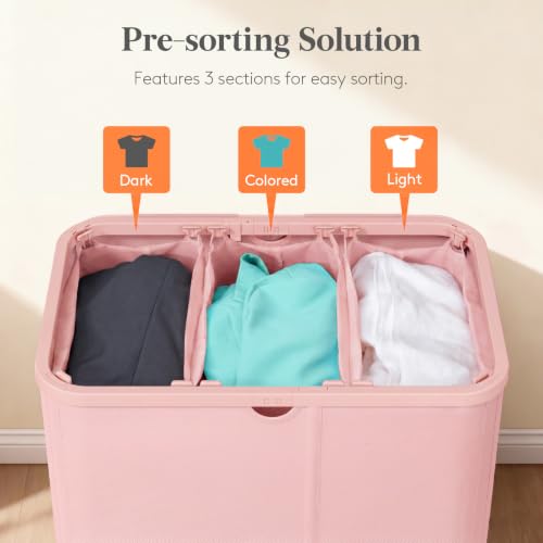 Image of Lifewit 185L 3 Section Laundry Hamper with Lid, Large Laundry Basket with Handles and Removable Bags, Tall Clothes Hamper, Foldable Laundry Sorter for Bedroom Bathroom, Pink