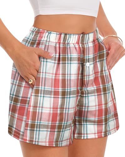 Image of Women Boxer Shorts Summer Gingham Pj Casual Plaid Bottoms with Pocket