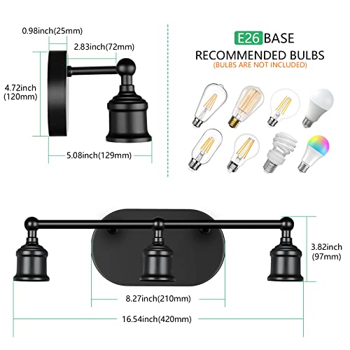 MAXvolador Bathroom Light Fixtures, 3-Light Black Vanity Light, Vintage Wall Sconce Lighting, Modern Wall Light Vanity Lights, Porch Wall Lamp for Mirror Kitchen, E26 Base, Globe Not Included - Thumbnail 2