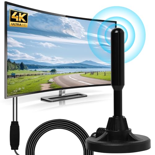 EuAcesry Antena TV Interior, Amplificador Antenas TV Interiores Potentes HDTV Digital 420KM+ Millas Amplificadas con Amplificador de Señal Support 4K HD DVB-T 1080P, Cable Coaxial de 5M