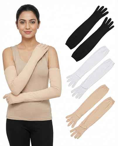 Image of Pack of 3 Full Hand Arm Sleeves Protective Summer Gloves | Sun Burn Protection Hand & Arm Skin Gloves for Girls & Women | Anti Tan Driving Arm Sleeves